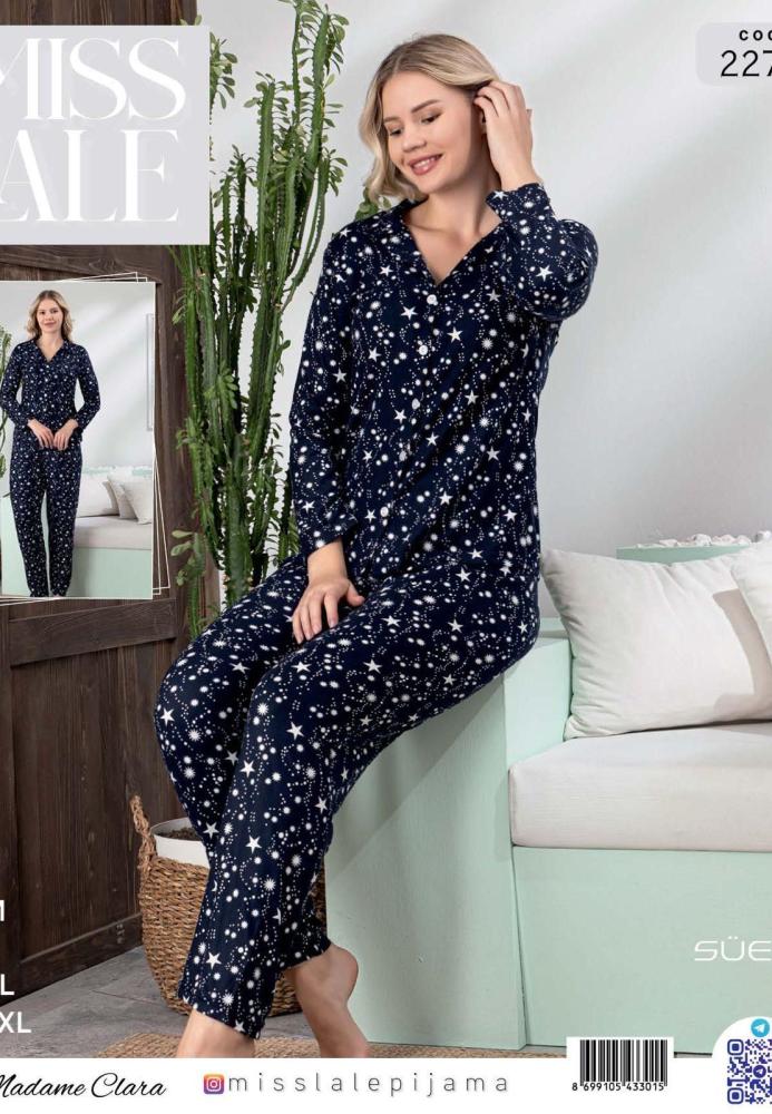 Pijama damă din suet bleumarin, cu nasturi și imprimeu cu steluțe, En-gros